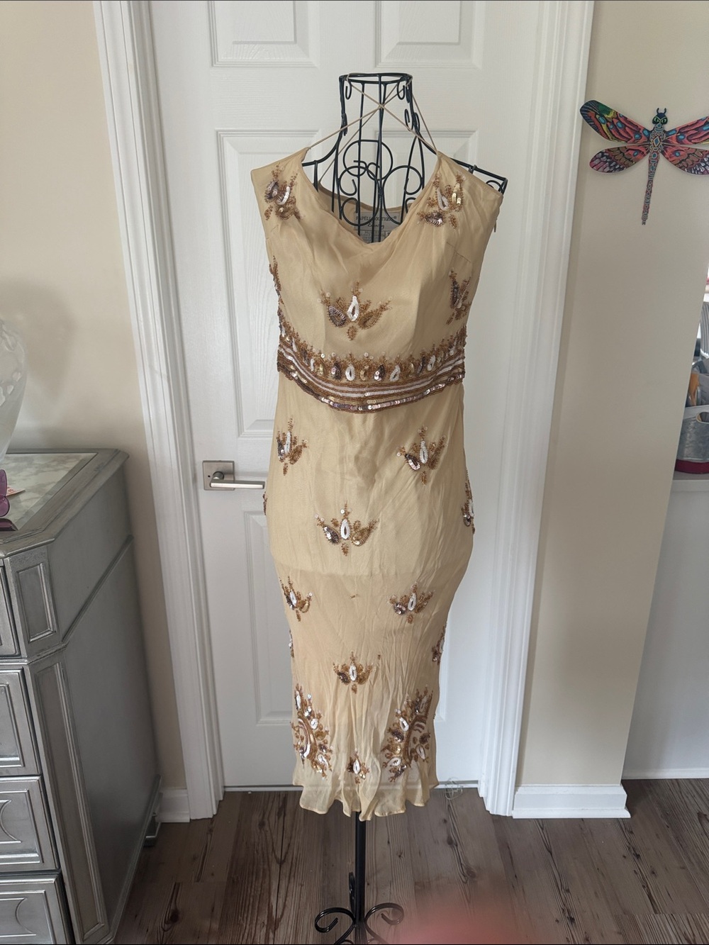 Papell Boutique Gold-Beaded V-Neck Midi Dress